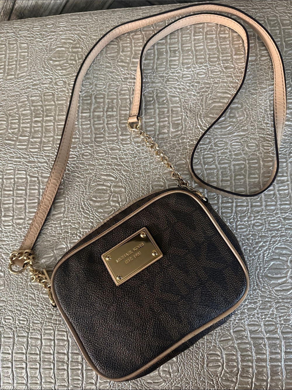 Michael Kors Brown Logo Crossbody with Blush Trim and Gold Hardware